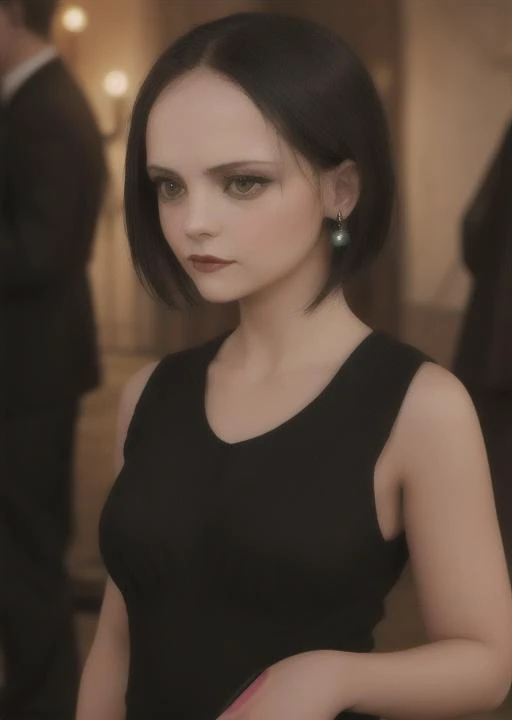 <lora:christinaRicci_v10:0.7> a young chr1st1nar1cc1 wednesday addams 70s<lora:morticiaAdams_v11:0.3> (sharp focus:1.2), photo, attractive young woman, (beautiful face:1.1), detailed eyes, luscious lips, (eye makeup:0.85), (medium breasts:1.0), (tight body:1.2), (short hair:1.2), wearing (little black tdress:1.2) at a (gala:1.2). (moody lighting:1.2), depth of field, bokeh, 4K, HDR. by (James C. Christensen:1.2|Jeremy Lipking:1.1)