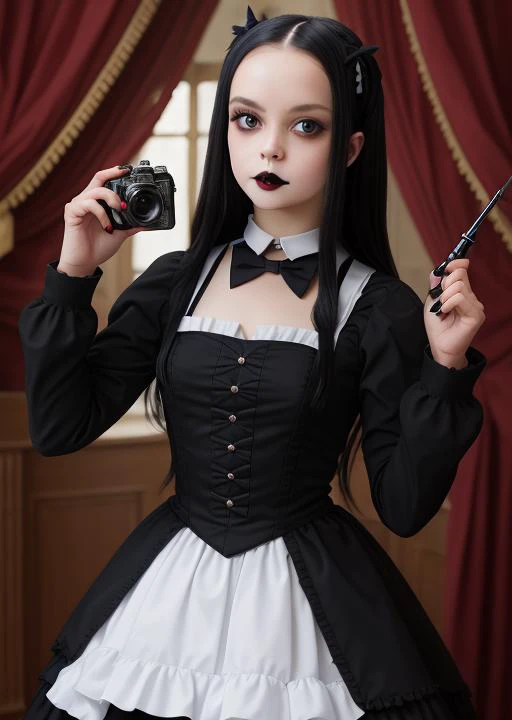 <lora:Chr1st1naR1cc1v10:0.7> chr1st1nar1cc1 as wednesday addams using gothic chic dress, flirting with camera, black lipstick, <lora:morticiaAdams_v11:0.3>