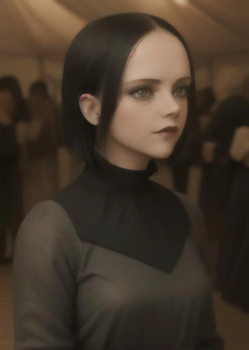 <lora:christinaRicci_v10:0.7> a young chr1st1nar1cc1 wednesday addams 70s,  the television series The Addams Family <lora:morticiaAdams_v11:0.3> (sharp focus:1.2), photo, attractive young woman, (beautiful face:1.1), detailed eyes, luscious lips, (eye makeup:0.85), (medium breasts:1.0), (tight body:1.2), (short hair:1.2), wearing (little black tdress:1.2) at a (gala:1.2). (moody lighting:1.2), depth of field, bokeh, 4K, HDR. by (James C. Christensen:1.2|Jeremy Lipking:1.1)