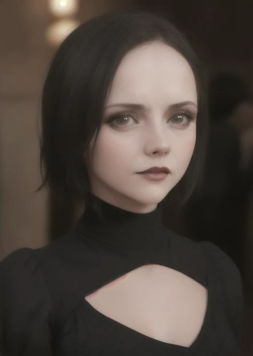 <lora:christinaRicci_v10:0.7> a young chr1st1nar1cc1 wednesday adams<lora:morticiaAdams_v11:0.3> (sharp focus:1.2), photo, attractive young woman, (beautiful face:1.1), detailed eyes, luscious lips, (eye makeup:0.85), (medium breasts:1.0), (tight body:1.2), (short hair:1.2), wearing (little black tdress:1.2) at a (gala:1.2). (moody lighting:1.2), depth of field, bokeh, 4K, HDR. by (James C. Christensen:1.2|Jeremy Lipking:1.1)