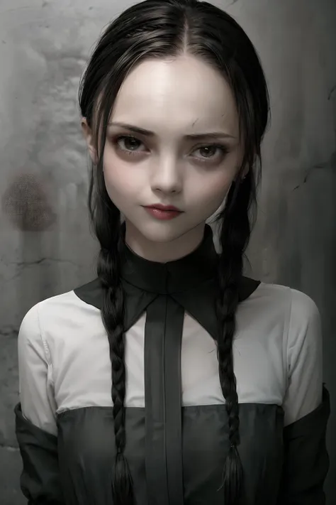 an extremely detailed digital illustration, high resolution, masterpiece, of Chr1st1naR1cc1 as Wednesday Addams, black hair, (twin braids:1.2),  15yo,
long hair, looking at viewer, black shirt, ((white collar)), bangs, black eyes, short sword, grumpy face, from above,
chubby, black gothic dress, at night, dark ambient lighting, , <lora:Chr1st1naR1cc1v11:0.85>, <lora:Wednesday Addams:0.25>wednesday addams, lightning <lora:add_detail:1>