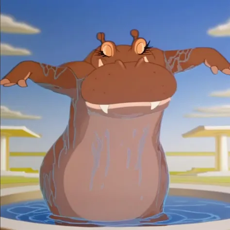 wet, fangs, blurry, outstretched arms, furry female, hood, cloud, smile, apron, meme, hippo, personification, pool