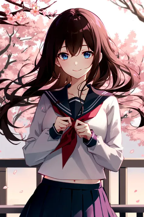 (upper_body:1.5), close-up, cherry_blossoms, outdoors, day, spring_\(season\), 1girl, smile, solo, bangs, blue_eyes, blush, closed_mouth, looking_at_viewer, long_hair, brown_hair, branch, eyebrows_visible_through_hair, floating_hair,hair_between_eyes, blue_sailor_collar, serafuku, long_sleeves, neckerchief, pleated skirt, pink_flower, petals, tree, white_shirt, wind, railing, sky <lora:style_ASK_T22:1>