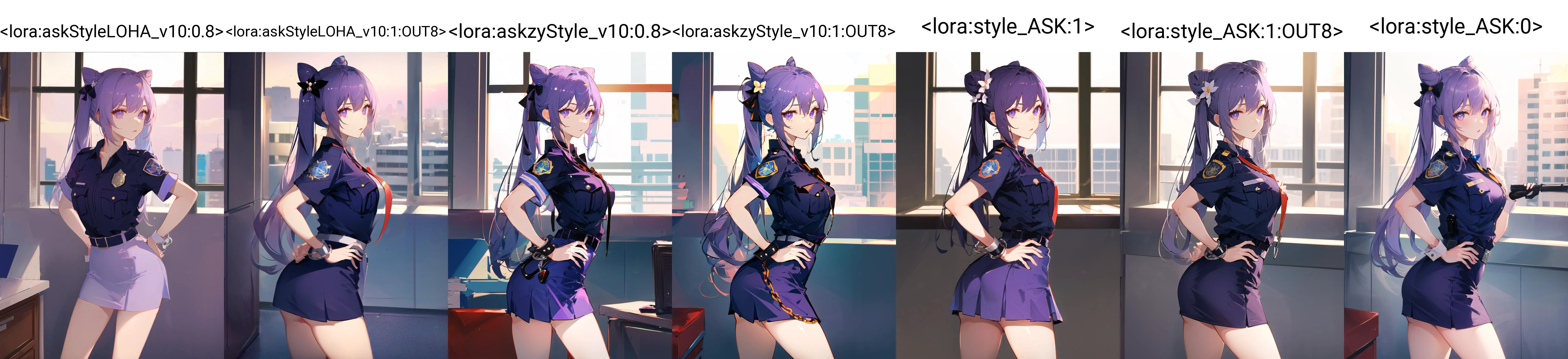 1girl, standing, looking at viewer, hands on , from side
<lora:keqingGenshinImpact3in1_v10:0.4:MIDD>keqing (genshin impact), hair bun, purple hair, twintails, purple eyes, diamond-shaped pupils, hair ornament, cone hair bun, long hair, double bun, bangs, bow, hair flower, hair bow, hair ribbon
policewoman, (police uniform, short sleeve, very short skirt, tight_skirt, office skirt, holding handcuffs:1.2)
<lora:askStyleLOHA_v10:0.8>
<lora:askStyleLOHA_v10:0> <lora:askzyStyle_v10:0> <lora:style_ASK:0>