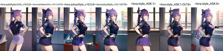 1girl, standing, looking at viewer, hands on hips, from side
<lora:keqingGenshinImpact3in1_v10:0.4:MIDD>keqing (genshin impact), hair bun, purple hair, twintails, purple eyes, diamond-shaped pupils, hair ornament, cone hair bun, long hair, double bun, bangs, bow, hair flower, hair bow, hair ribbon
policewoman, (police uniform, short sleeve, very short skirt, tight_skirt, office skirt, holding handcuffs:1.2)
<lora:askStyleLOHA_v10:0.8>
<lora:askStyleLOHA_v10:0> <lora:askzyStyle_v10:0> <lora:style_ASK:0>