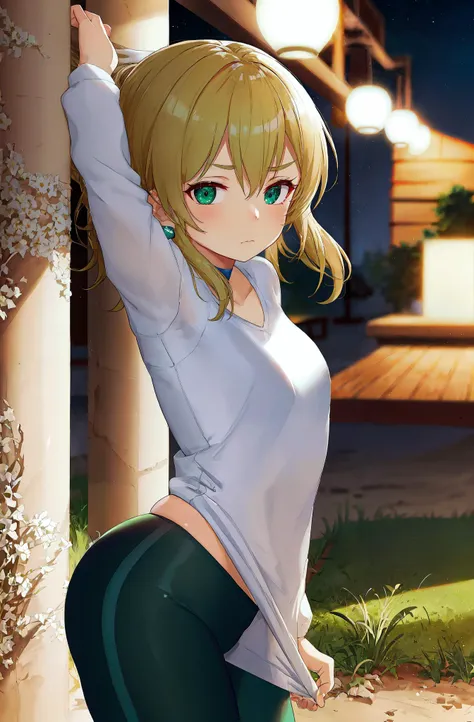 (nsfw), (uncensored), (1girl) , (Mature older female,milf in her sixties,motherly), Native American,kkw-NativeAmerican,
(Dark Green eyes Upturned Eye Shape ), Low-arched eyebrows, (Blonde Short wavy hairstyle), (beautiful girl:1.2),
short,(Balanced body), (small breasts) ,
(,wearing  Imperceptible detail Kelly green yoga pants,sports bra,<lora:yogapantsv01:0.5>),<lora:ClothingAdjuster3:-0.5>, , ,  ,chocker,  huggie earrings ,
(solo focus),cowboy shot, looking at viewer,shirt,standing, (shirt:1.2) tug, shtug, (arms down),embarassed,<lora:shirt_tug:0.65>,<lora:clothestug-wasabiya:0.65>,
(masterpiece),(best quality:1.4),(high resolution),8k,ultra high res,detailed CG 8k illustrations,official art,famous artwork,picture-perfect,detailed texture,finely detailed,extreme detailed,over exposure,elegant,majestic,perfect sharp focus,vibrant colors,original,ray tracing,<lora:uv:0.65>,<lora:1epi_noiseoffset2:0.8>,,<lora:BG+LGHT:0.33>,
background A tranquil, moonlit field of wild lavender at Twilight,<lora:zzzstyle_ASK:0.8>