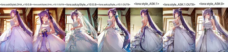 1girl, from below, standing, looking at viewer
<lora:keqingGenshinImpact3in1_v10:0.6:MIDD>keqing (genshin impact), hair bun, purple hair, twintails, purple eyes, diamond-shaped pupils, hair ornament, cone hair bun, long hair, double bun, bangs, bow, hair flower, hair bow, hair ribbon
(white wedding dress:1.3), wedding ring, bridal veil, white dress, white gown, very long dress,
<lora:askStyleLOHA_v10:0.8>
<lora:askStyleLOHA_v10:0> <lora:askzyStyle_v10:0> <lora:style_ASK:0> <lora:keqingGenshinImpact3in1_v10:0>