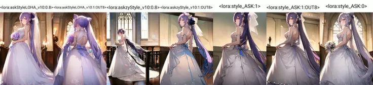 1girl, from below, standing, looking at viewer
<lora:keqingGenshinImpact3in1_v10:0.6:MIDD>keqing (genshin impact), hair bun, purple hair, twintails, purple eyes, diamond-shaped pupils, hair ornament, cone hair bun, long hair, double bun, bangs, bow, hair flower, hair bow, hair ribbon
(white wedding dress:1.3), wedding ring, bridal veil, white dress, white gown, very long dress,
<lora:askStyleLOHA_v10:0.8>
<lora:askStyleLOHA_v10:0> <lora:askzyStyle_v10:0> <lora:style_ASK:0> <lora:keqingGenshinImpact3in1_v10:0>