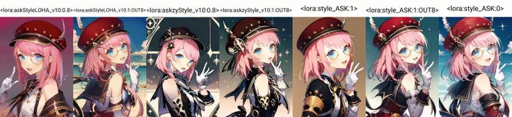 upper body, looking at viewer, from side
(1girl:1.2), bare_shoulders, blush, gloves, hat,looking_at_viewer, medium_hair, monocle, open_mouth, pink_hair, pink_headwear, ribbon, steampunk, white_gloves
school uniform, serafuku, wariza
peace sign,
<lora:charlotte_v1:1:OUTALL> <lora:add_detail:0.2>
<lora:askStyleLOHA_v10:0.8>
<lora:askStyleLOHA_v10:0> <lora:askzyStyle_v10:0> <lora:style_ASK:0> <lora:charlotte_v1:0>