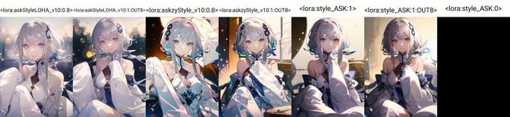 1girl, looking at viewer, <lora:guizhongGenshinImpact_guizhongv1:1.2:MIDD>, hair_ornament, dress, bangs, bare_shoulders, blue_eyes, gradient, oversized sleeves, puffy sleeves, (white sleeves:1.5), white shirt, white dress, silver hair, white hair, chest, elegance, elegant look, intimate, delicate, (smile:0.7)
blurry background, bokeh, blurry, bloom,
<lora:askStyleLOHA_v10:0.8>
<lora:askStyleLOHA_v10:0> <lora:askzyStyle_v10:0> <lora:style_ASK:0> <lora:guizhongGenshinImpact_guizhongv1:0>