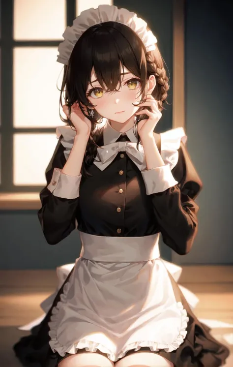 1girl, apron, black_dress, blurry, blurry_background, blurry_foreground, blush, braid, breasts, depth_of_field, dress, eyebrows_visible_through_hair, frills, gloves, hair_between_eyes, hand_on_own_cheek, hand_on_own_face, head_rest, indoors, jewelry, juliet_sleeves, long_sleeves, looking_at_viewer, maid, maid_apron, maid_headdress, puffy_sleeves, short_hair, sitting, solo, white_apron, window, yellow_eyes <lora:style_ASK_T22:1>