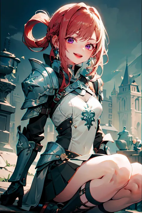 <lora:mithril-style-warrior-darquelilly-v1:1> mithrilstylewarrior, shoulder armor, breastplate, dress, hair ornament, high heel boots, jewelry, earrings, pleated skirt,, ultra detailed, masterpiece, best quality, aesthetic, detailed,, solo, seductive smile, red lips,
1girl, purple eyes, red hair, blunt bangs, medium breasts, <lora:hair_rings:1> low hair rings, <lora:EllaNyan:1>,