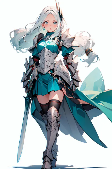 <lora:mithril-style-warrior-darquelilly-v1:1> mithrilstylewarrior, shoulder armor, breastplate, dress, hair ornament, high heel boots, jewelry, earrings, pleated skirt, floating hair,, ultra detailed, masterpiece, best quality, aesthetic, detailed,, serious, 1girl, (white eyes:1.1), (grey eyes:1.3), white hair, very long hair, parted hair, parted bangs, <lora:parted_hair_v1.3:1.3>, medium breasts,