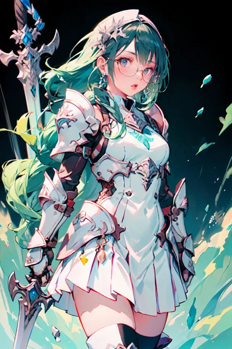 <lora:mithril-style-warrior-darquelilly-v1:1> mithrilstylewarrior, shoulder armor, breastplate, dress, hair ornament, high heel boots, jewelry, earrings, pleated skirt, floating hair,   <lora:LIP:1> glasses, cowboy shot, facing viewer, hands on hilt, planted sword,, ultra detailed, masterpiece, best quality, aesthetic, detailed,