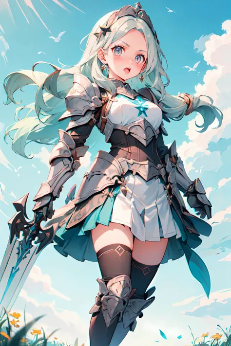 <lora:mithril-style-warrior-darquelilly-v1:1> mithrilstylewarrior, shoulder armor, breastplate, dress, hair ornament, high heel boots, jewelry, earrings, pleated skirt, floating hair, blue sky, falling feathers, field, valhalla, wing hair ornament, spear, spear the gungnir, field, field of blades,, ultra detailed, masterpiece, best quality, aesthetic, detailed,, serious, 1girl, (white eyes:1.1), (grey eyes:1.3), white hair, very long hair, parted hair, parted bangs, <lora:parted_hair_v1.3:1.3>, medium breasts,, valkyrie, (bodysuit:1.1), pink wing hair ornament, grey armored skirt, black bodysuit, armor, gauntlets, pink breastplate, greaves, armored dress, pink hues,