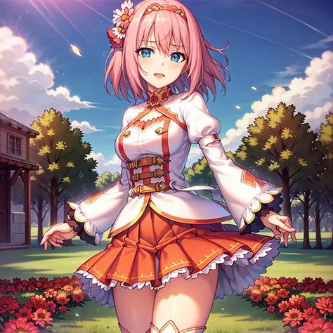 ((((ultra illustrated style:1.0)))),best quality,best animated,masterpiece,ray tracing, global illumination,1girl, solo,field, village, skirt, thighhighs, red skirt, looking at viewer, long sleeves, flower, hair ornament, flower ornament, puffy sleeves, juliet sleeves, cowboy shot,<lora:Kusano Yui:0.6>