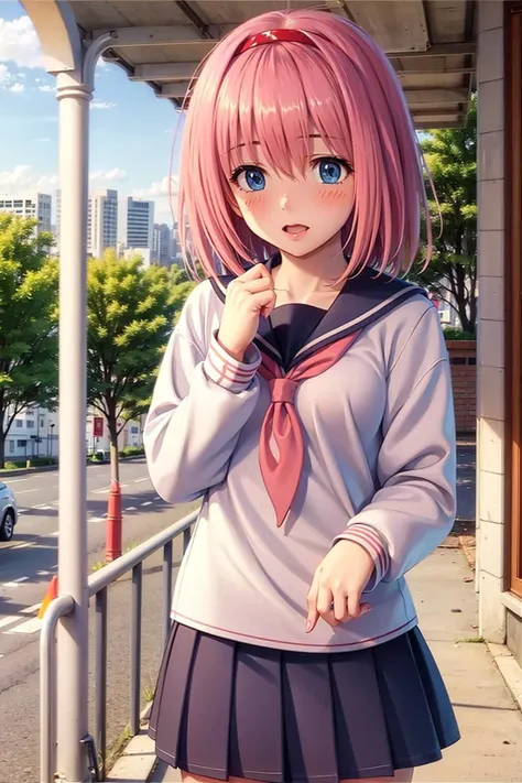 ski style, 1 girl, Alone, pink hair, animal ears, Blue eyes, Alas, looking at the viewer, hits, short hair, bow, sailor collar, white sailor collar, hair bow, pink bow, Closed mouth, shirt, white shirt, bear ears, bob cut, mini Alas, portrait, detached Alas, make up, Upper part of the body, City in the background