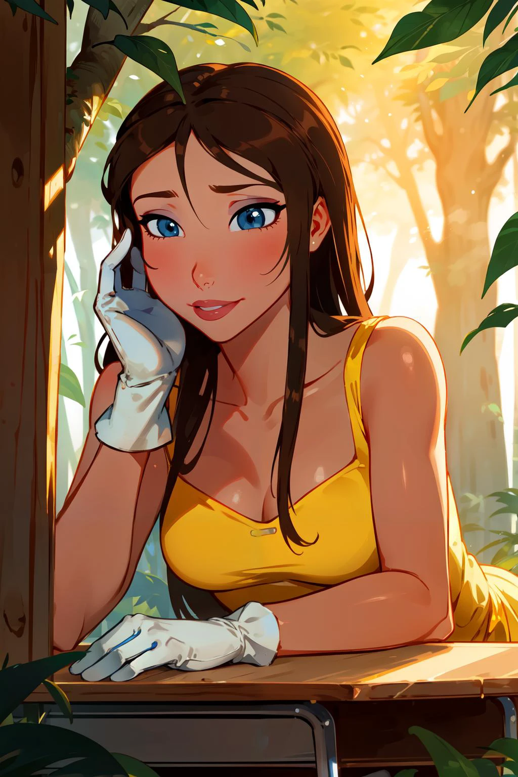 <lora:JANE_V2:0.8> blue eyes, brown long hair, gloves, seductive look, white gloves, yellow dress, on a classroom, on the jungle, sunlight through the trees, against a tree, close up
