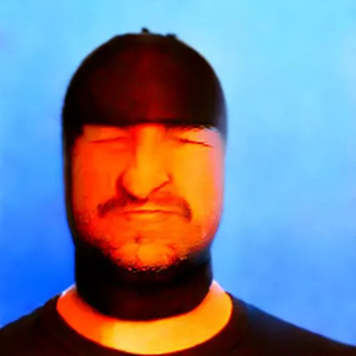 a guy wearing dresst-shirt, in st0ck1ngh34d, <lora:st0ck1ngh34d-000047:1.3>, headshot, simple background, black background, closed eyes, pu11