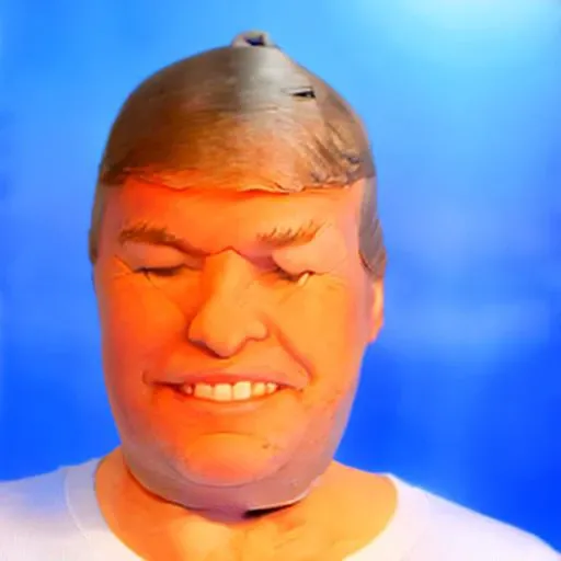 RAW photo,donald trump wearing t-shirt, in st0ck1ngh34d, <lora:st0ck1ngh34d-000047:1.2>, eyes closed,headshot, simple background, teeth, smile, 8k uhd, dslr, soft lighting, high quality, film grain, Fujifilm XT3