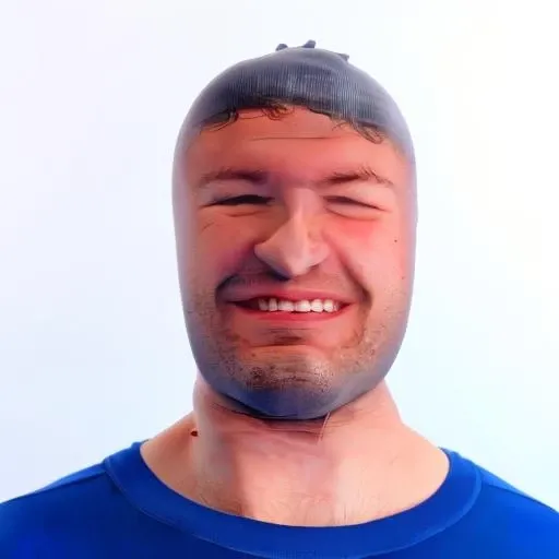 RAW photo,a guy wearing t-shirt, in st0ck1ngh34d, <lora:st0ck1ngh34d-000047:1.2>, headshot, simple background, black background, closed eyes, teeth, smile, 8k uhd, dslr, soft lighting, high quality, film grain, Fujifilm XT3