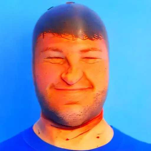 a guy wearing dresst-shirt, in st0ck1ngh34d, <lora:st0ck1ngh34d-000047:1.2>, headshot, simple background, black background, closed eyes, teeth, smile