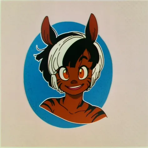 score_9_up, score_8_up, score_7_up, dynamic pose, portrait, headshot, from the front, 1girl, (zebra), taur, short hair, multicolored hair, black hair, white hair, orange eyes, horizontal pupils, horse ears, hooves, (dark skin), zebra stripes, medium breasts, smiling, open mouth
, <lora:EarlyAkirav1.1:1>, drgbls1