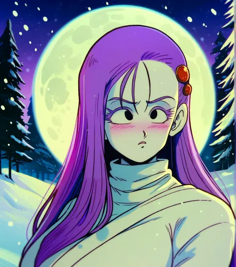 score_9_up, score_7_up, upper body, 1girl, Yuki-onna, long hair,  pale purple hair, straight hair, sidelocks, hair ornament, black eyes, colored eyelashes, pure white skin, [blush], large breasts, makeup, , snowy mountain, forest, snowing, full moon
, <lora:EarlyAkira:.8>, drgbls1