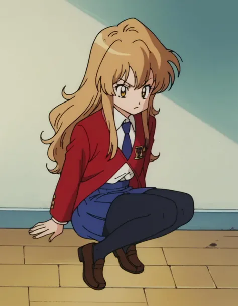 zPDXL, score_9, score_8_up, score_7_up, source_cartoon, 8k, absurdres,
1girl, <lora:Taiga_Aisaka:0.8> Taiga Aisaka, yellow eyes, light brown hair, long hair, red jacket, white shirt, necktie, blue skirt, black leggings, brown footwear, loafers, flat chest, <lora:EarlyAkirav1-1:1> drgbls1, 1990s \(style\), retro artstyle, anime coloring,