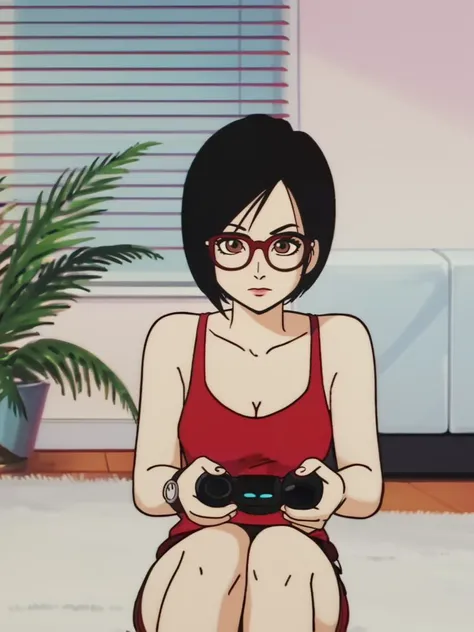 score_9, score_8_up,score_7_up,ada wong, source_anime,cleavage, <lora:EarlyAkirav1.1:1> drgbls1, sitting on the living room,wearing tanktop, short pant,glasses, holding game controller,