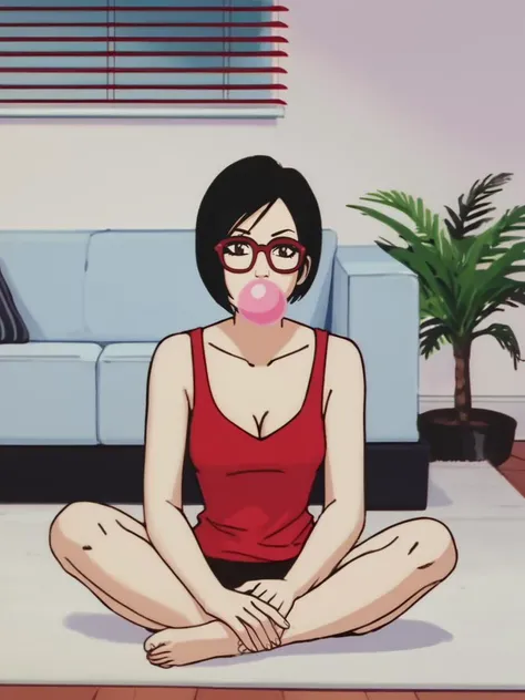 score_9, score_8_up,score_7_up,ada wong, source_anime,cleavage, <lora:EarlyAkirav1.1:1> drgbls1, sitting on the living room,wearing tanktop, short pant,glasses, bubble chewing gum,