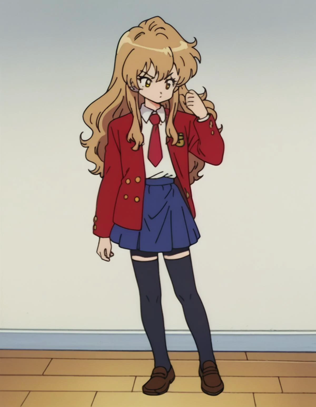 zPDXL, score_9, score_8_up, score_7_up, source_cartoon, 8k, absurdres,
1girl, <lora:Taiga_Aisaka:0.8> Taiga Aisaka, yellow eyes, light brown hair, long hair, red jacket, white shirt, necktie, blue skirt, black leggings, brown footwear, loafers, flat chest, <lora:EarlyAkirav1-1:1> drgbls1, 1990s \(style\), retro artstyle, anime coloring,