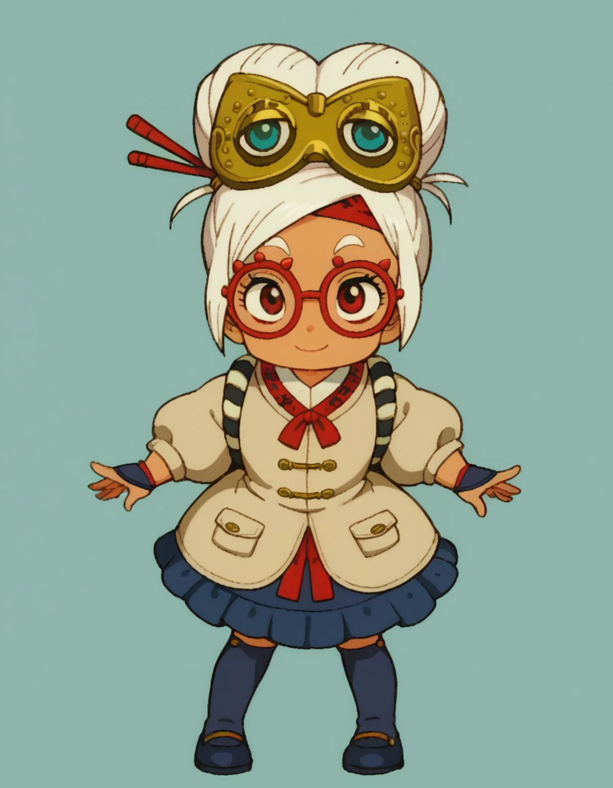 zPDXL, score_9, score_8_up, score_7_up, source_anime, 1girl, solo,
<lora:LilPurah_v1.2:0.6> purah, sheikah, white hair, dark-skinned female, child, thick eyebrows, red eyes, red-framed eyewear, hair bun, goggles on head, beige jacket, blue skirt, frilled skirt, blue socks, kneehighs, blue footwear, mary janes, red headband, goggles on head, hair stick, hair beads, randoseru, red bag, bag straps, blue and white striped strap, fingerless gloves, blue gloves, petticoat, light smile, <lora:EarlyAkira_v3:1> drgbls1