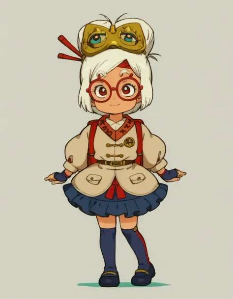 zPDXL, score_9, score_8_up, score_7_up, source_anime, 1girl, solo,
<lora:LilPurah_v1.2:0.6> purah, sheikah, white hair, dark-skinned female, child, thick eyebrows, red eyes, red-framed eyewear, hair bun, goggles on head, beige jacket, blue skirt, frilled skirt, blue socks, kneehighs, blue footwear, mary janes, red headband, goggles on head, hair stick, hair beads, randoseru, red bag, bag straps, blue and white striped strap, fingerless gloves, blue gloves, petticoat, light smile, <lora:EarlyAkira_v3:1> drgbls1