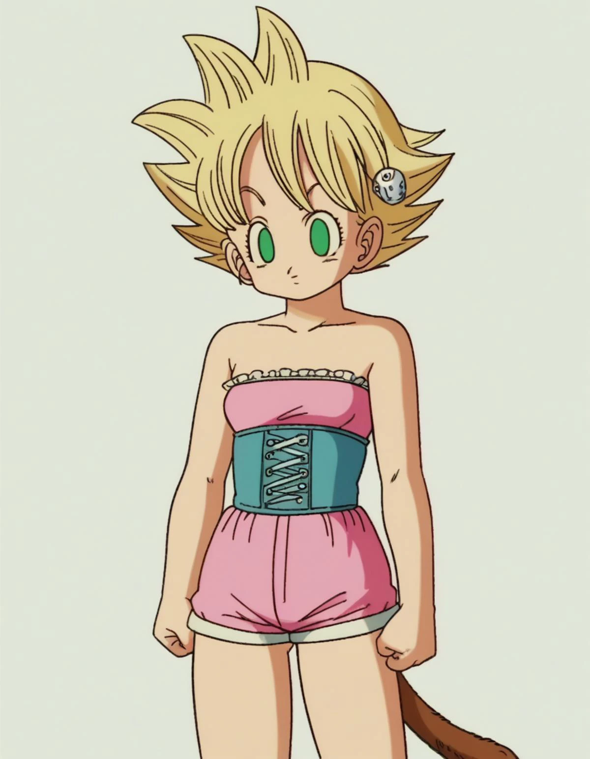 zPDXL, score_9, score_8_up, score_7_up, source_anime, 8k, absurdres, 1980s \(style\), retro artstyle, anime coloring,
<lora:EarlyAkirav1-1:0.8> drgbls1, 1girl, wearing Quilled buckskin corset, fringed buckskin shorts, beaded headband, knee-high moccasin boots with fringe, shell hair ornament with feathers and beads, upper body, portrait, <lora:parsleahcombined:0.8> parsleahssj, blonde hair, spiked hair, super saiyan, green eyes, no pupils, (monkey tail, yellow tail), small breasts,