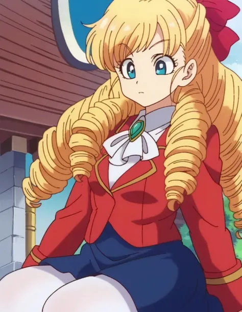 zPDXL, score_9, score_8_up, score_7_up, source_anime, 1girl, solo,
<lora:wataoshi_reiclaire:0.8> wataoshi_claire, blonde hair, blue eyes, drill hair, long hair, hair ribbon, red jacket, long sleeves, blue skirt, white shirt, frills, white pantyhose, brooch , <lora:EarlyAkira_v3:0.8> drgbls1