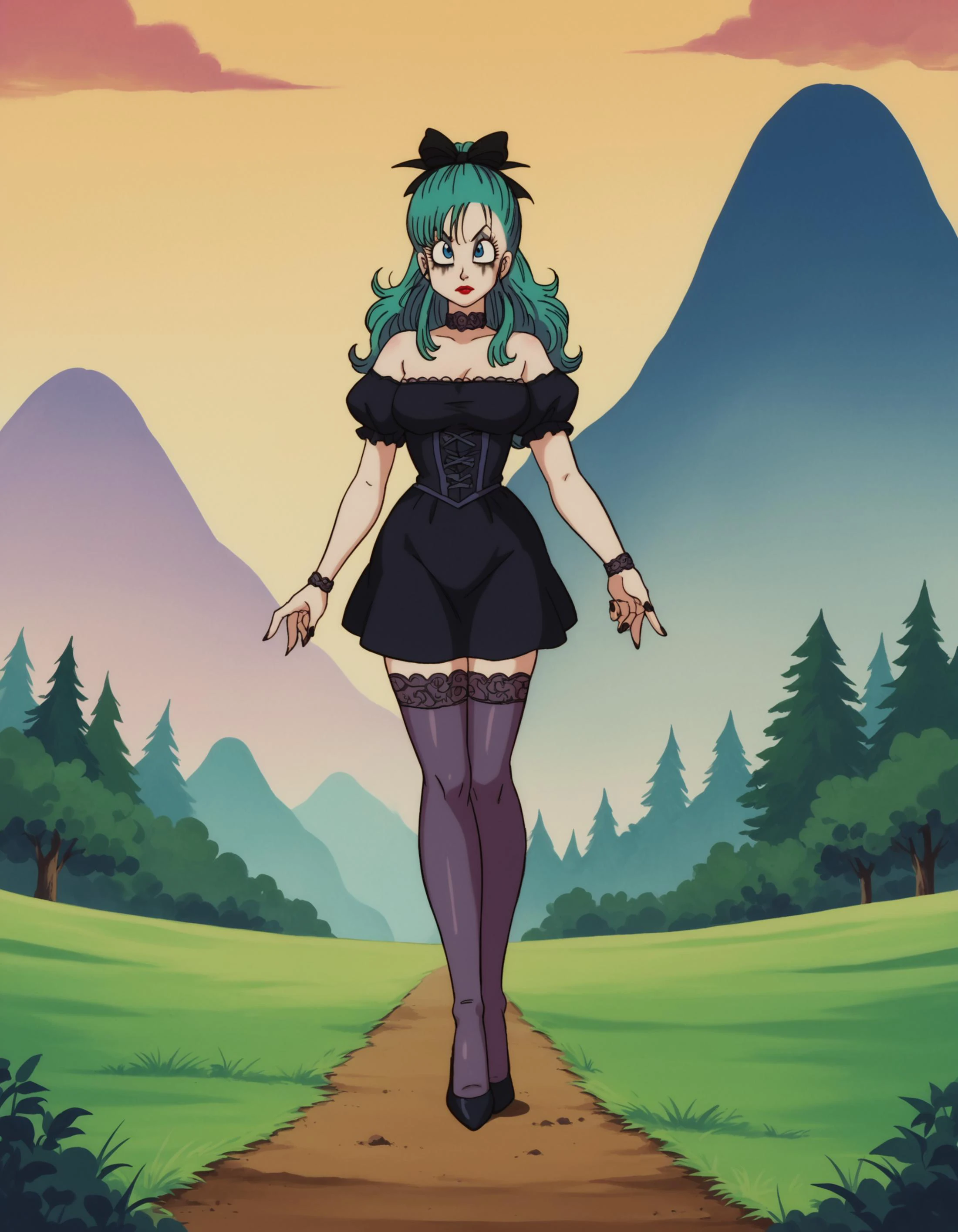 zPDXL, score_9, score_8_up, score_7_up, source_anime,
1girl, solo, <lora:EarlyAkira_v3:0.8> drgbls1, gothic maiden wearing Elvira-inspired dress in midnight black, form-fitting silhouette, lace stockings, high-heeled pumps, dark red lipstick, dramatic black eyeshadow, heavy mascara, pale skin, dark nail polish, bulma, blue hair, blue eyes, mountain, sky, cloud, dirt path, grass, bush, tree