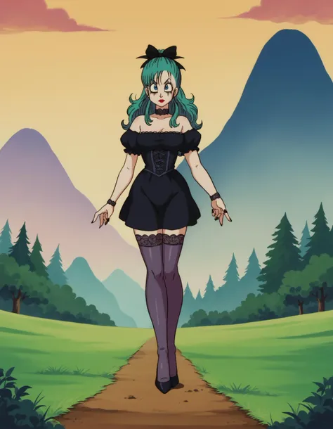 zPDXL, score_9, score_8_up, score_7_up, source_anime,
1girl, solo, <lora:EarlyAkira_v3:0.8> drgbls1, gothic maiden wearing Elvira-inspired dress in midnight black, form-fitting silhouette, lace stockings, high-heeled pumps, dark red lipstick, dramatic black eyeshadow, heavy mascara, pale skin, dark nail polish, bulma, blue hair, blue eyes, mountain, sky, cloud, dirt path, grass, bush, tree