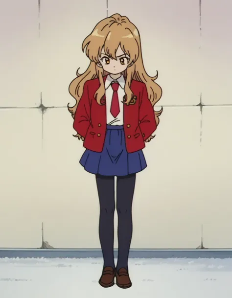 zPDXL, score_9, score_8_up, score_7_up, source_cartoon, 8k, absurdres,
1girl, <lora:Taiga_Aisaka:0.8> Taiga Aisaka, yellow eyes, light brown hair, long hair, red jacket, white shirt, necktie, blue skirt, black leggings, brown footwear, loafers, flat chest, <lora:EarlyAkirav1-1:1> drgbls1, 1990s \(style\), retro artstyle, anime coloring,