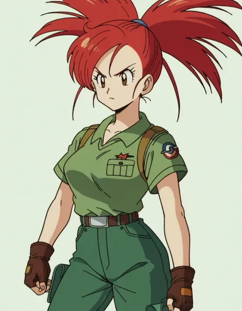 zPDXL, score_9, score_8_up, score_7_up, source_anime, 8k, absurdres, 1980s \(style\), retro artstyle, anime coloring, 
<lora:EarlyAkirav1-1:0.8> drgbls1, 1girl, soldier wearing Lightweight tactical shirt, cargo pants, combat boots, baseball cap, upper body, portrait, Pokemon, Flannery, red hair, medium breasts, long hair,