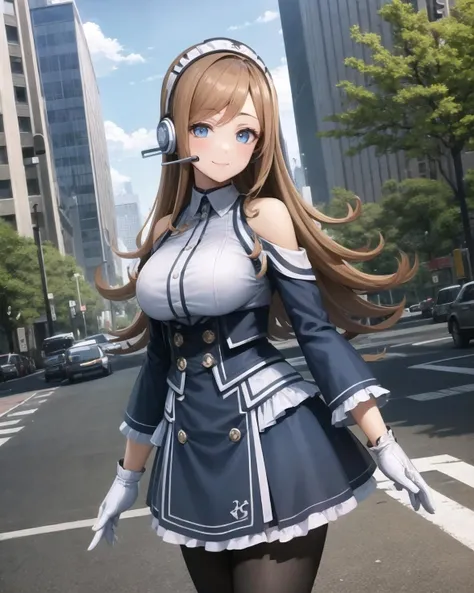 best quality, (masterpiece:1.2), illustration, absurdres,
(1girl, solo), (beautiful detailed girl),
<lora:Mirabel-08:0.9>, Mirabel Aalton, blue eyes, brown hair, long hair,
blue and white concierge outfit, blue dress, pantyhose, white boots, headpiece, (headset:1.1), white gloves,,
cowboy shot,
park, city, tall buildings, street, tree, sky, clouds, day,,
smile, looking at viewer,