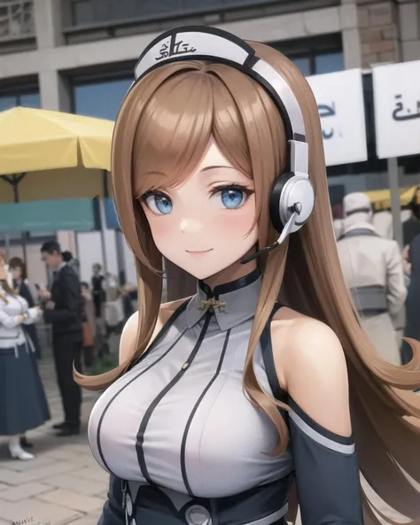 best quality, (masterpiece:1.2), illustration, absurdres,
(1girl, solo), (beautiful detailed girl),
<lora:Mirabel-08:0.9>, Mirabel Aalton, blue eyes, brown hair, long hair,
blue and white concierge outfit, blue dress, pantyhose, white boots, headpiece, (headset:1.1), white gloves,,
(upper body, portrait),,
desert city, middle east, middle eastern terrain, middle eastern architecture, cloudless sky, sun, day, cobblestone street, market stalls, bazaar, (crowd:1.2), middle eastern market,,
smile, looking at viewer,