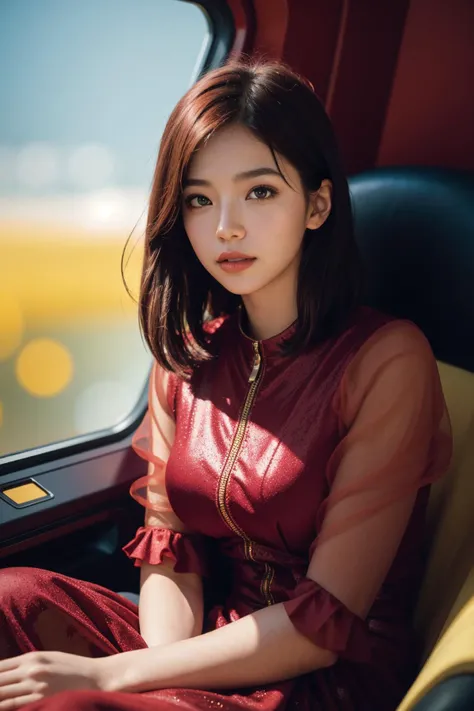(masterpiece:1.1), (highest quality:1.1), (HDR:1.3), (top quality, best quality, official art, beautiful and aesthetic:1.2), asian woman sitting on a cozy couch, red velvet dress, galaxy dress, she is at space ship, spaceship interior, extremely detailed, (fractal art:1.1), highest detailed, (dynamic), (abstract background:1.3), (shiny), (many colors:1.4), solo, universe background, galaxy background, red lightning, cinematic lighting, red short hair, detailed black eyes, highest quality face, (sky aesthetic), uhd image, glassy translucence, high contrast, vibrant illustrations, rim light at hair, dynamic light, studio lighting, flash light, soft light like a dream, soft lighting, low contrast, bokeh around her (lens blur 50mm f2.8), bokeh from lambs berhind her, Minolta Hi-Matic 7 Sii, Kodak Gold 200 (ISO 200), film grain, light leak, mysterious, upper body