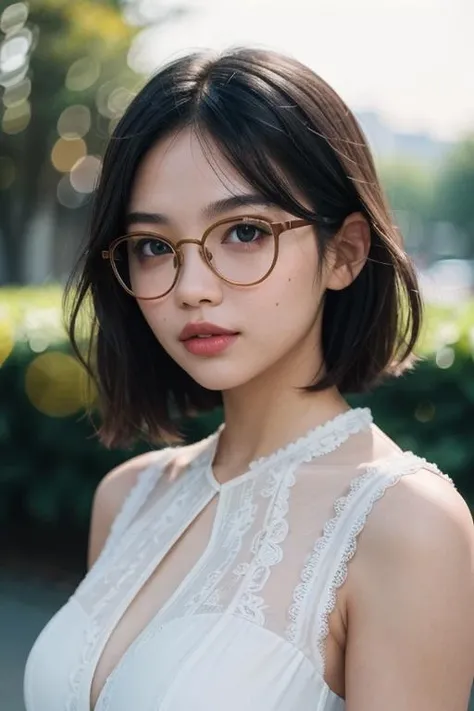 (masterpiece,best quality:1.5), asian woman with black hair, straight hair, short hair, medium breasts, cleavage, closed mouth, depth of field, glasses, white lace pattern of white evening dress, lips, looking at viewer, mole, looking at viewer, side view, walking at the street, many trees behind her, uhd image, glassy translucence, vibrant illustrations, light ray, dynamic light, studio lighting, flash light, soft lighting, low contrast, bokeh around her (lens blur 35mm f2.8), bokeh from lambs berhind her, Minolta Hi-Matic 7 Sii, Fujifilm Fujicolor 100, film grain, light leak, mysterious, twilight sky, cloud, eyes detail, beautiful eyes, light in eyes, upper body