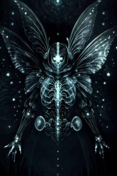 ,<lora:xray_v1-000017:0.8>, x-ray, dark fairy with big bug eyes, dark background, hyper-detailed, low contrast, atmospheric, dark shadows, intricate, 8k render, art by OVERMASKED, <lora:kaijin_v1_mix:1> , 1kaijin,