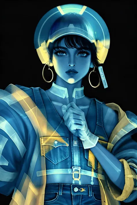 (x-ray), <lora:xray_v1-000019:0.95>, (black_background:1.2),
short black hair,brown eyes ,lips ,lipstick,solo, standing, upper body, close up, jubJak, denim shorts , open yellow jacket, purple shades on head, hoop earrings ,((blue gloves)),