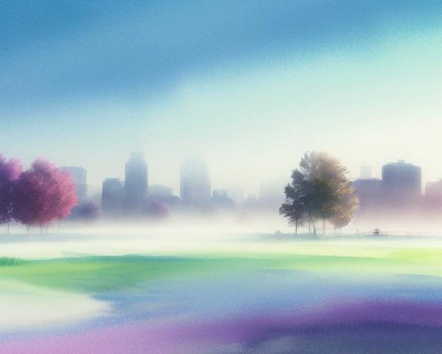 spring, mist, morning, cityscape, watercolor, detailed, volumetric lighting, lit from right side, green leaves