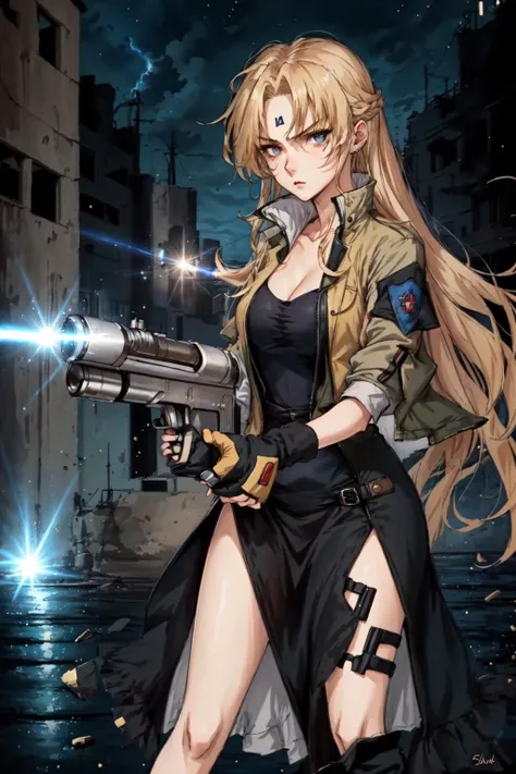 masterpiece,best quality,solo, 1girl, OperaVectra <lora:OperaVectraV1.2:0.85>,jacket, black dress, side slit, long blonde hair, laser, serious look, pointing gun