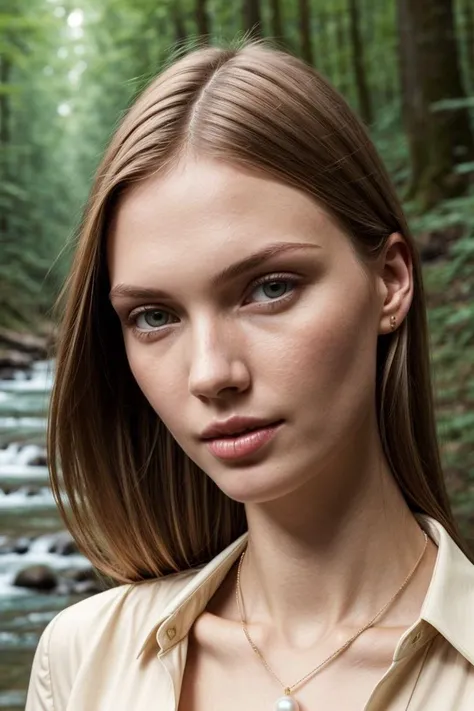 European woman, closeup, (shirt), pants, (forest river), pearl necklace , ZM_haley, wide shoulders, perfect face, (contact iris: 1.1), pale skin, skin pores , depth of field