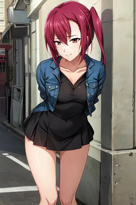 ((High Quality image 10k)) (( perfect autonomy)) Masterpiece, solo girl, brown eyes, red hair, wearing sleeveless black shirt, blue jean shorts, shorts are falling down, cute panties, sexy panties, evil smug grin, Standing, in the park 